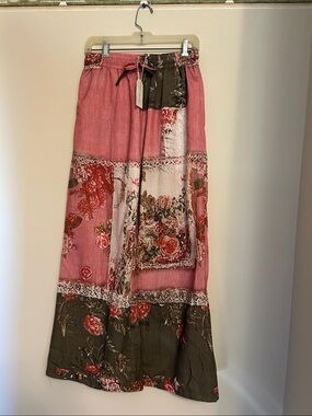Shall We pink floral patchwork pallazo pants elastic waist size M  new/style tag